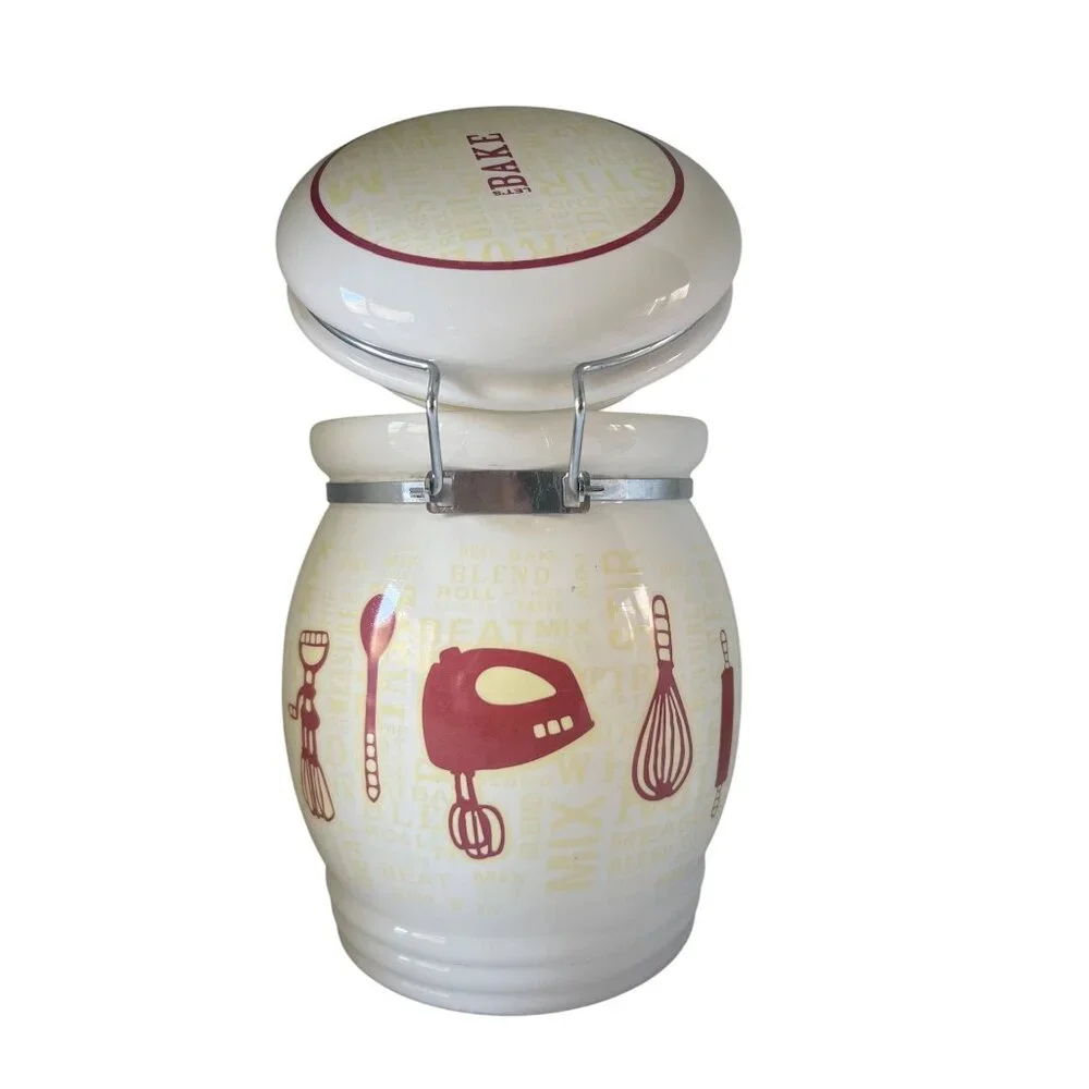 Retro Kitchen Canister Ceramic Hinged Lid Gasket Baking Pattern White Yellow Red